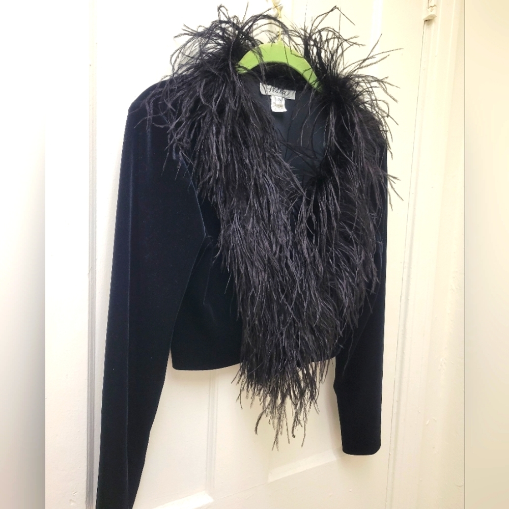 Patra Vintage Black Velvet Blazer With Ostrich Feather